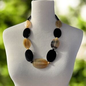 Vintage Water Buffalo Horn Statement Necklace – Hand Carved Oval Beads 24"